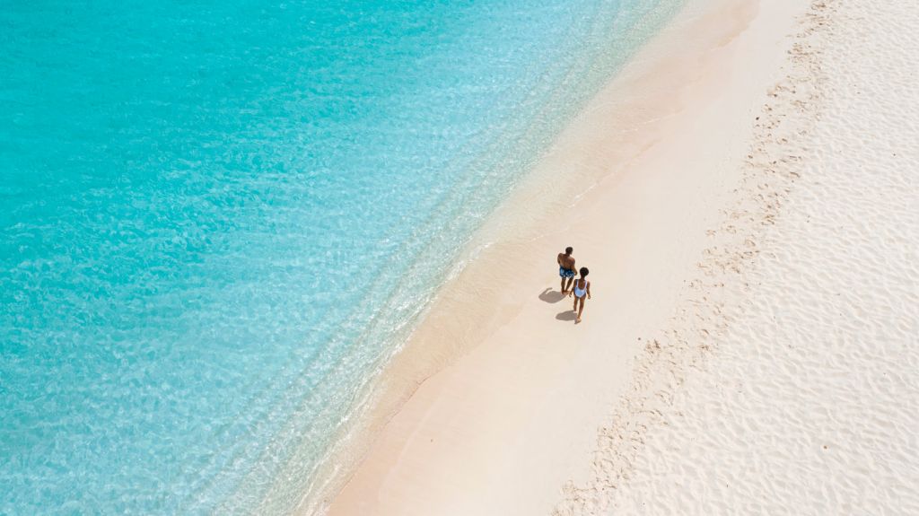 An aerial view of a couple walking on a beach