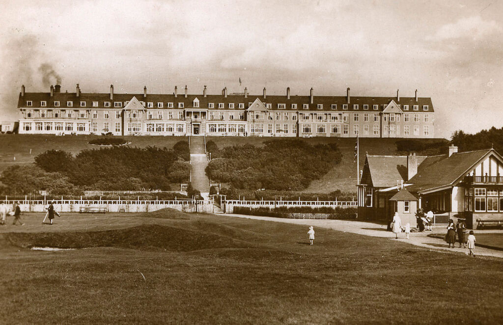 A black and white photo showing the early days of the hotel