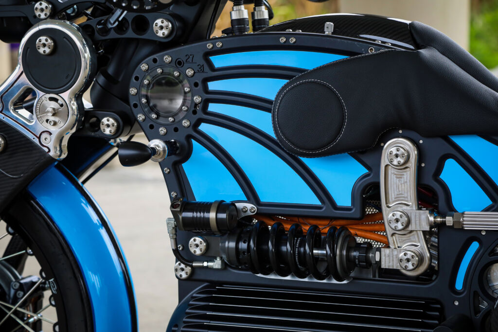 A close up view of the side of the electric motorcycle