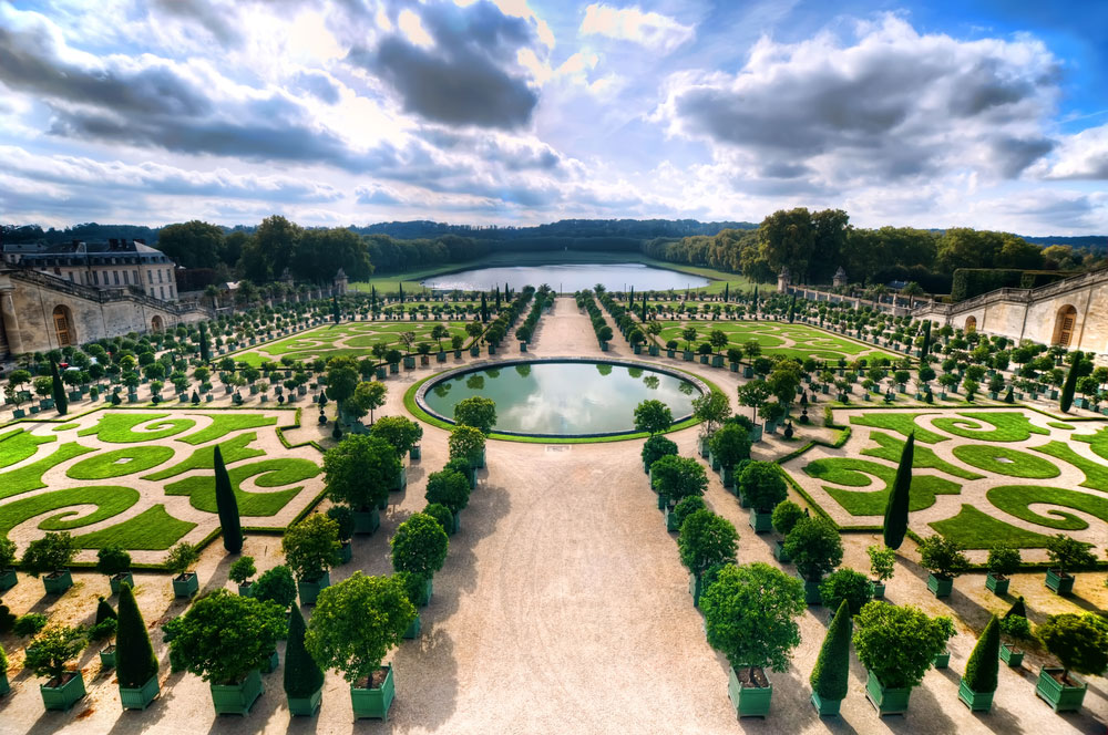 An aerial view of the gardens at the Palace of Versailles