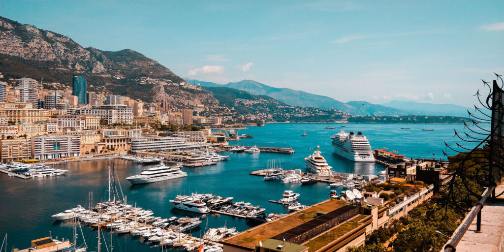 Monaco Harbour on a sunny day filled with superyachts