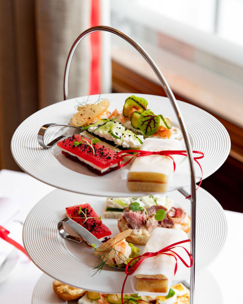 The Afternoon tea laid out on a silver three tiered tray