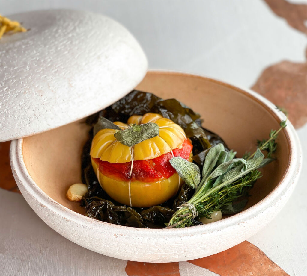 Tomato en ratatouille wrapped in kombu