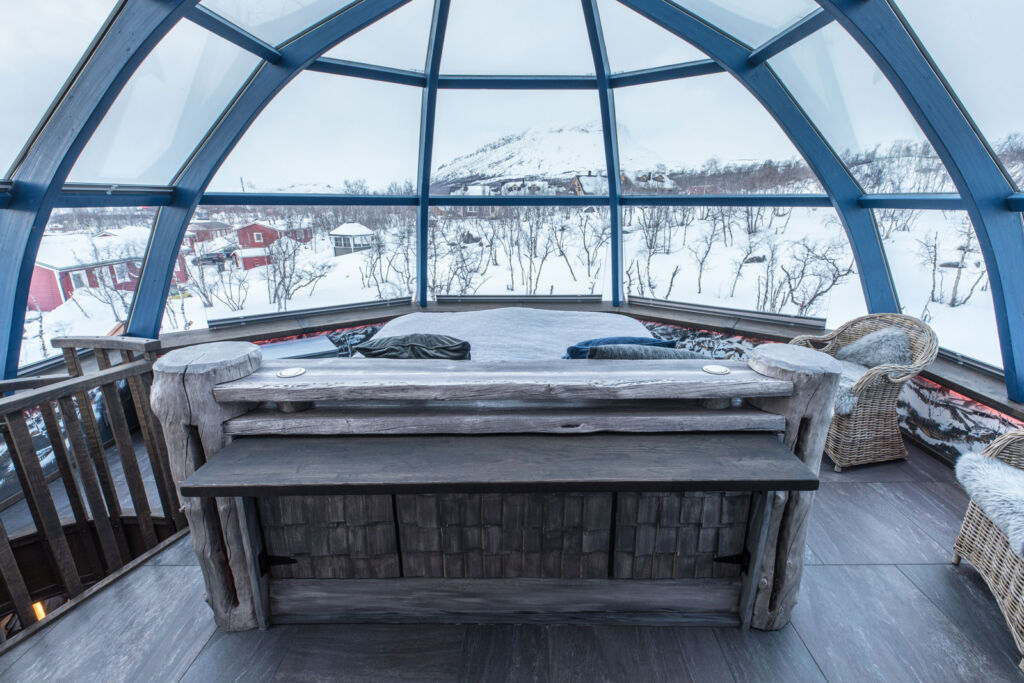 The master bedroom in one of the igloos with its glass see-thru ceiling