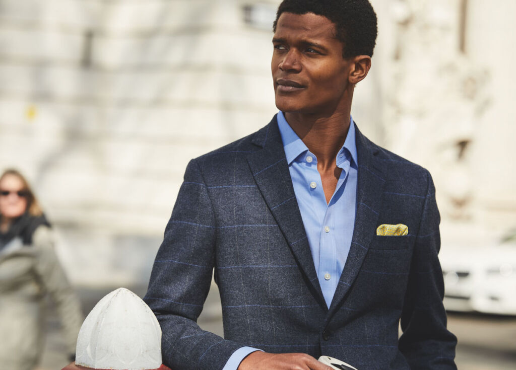 A male model wearing clothing from Charles Tyrwhitt's Business of Life collection