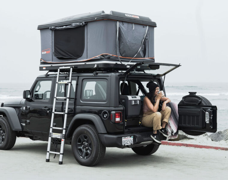 One of the Indie Campers Rocky Jeep Wranglers by the sea