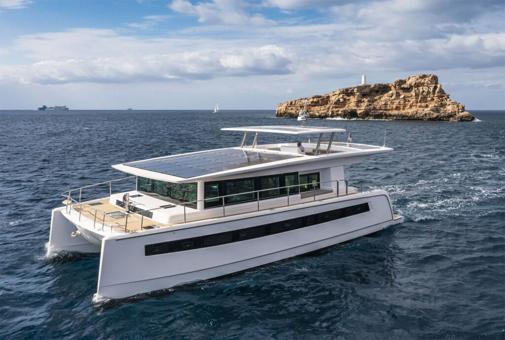 A side view of the catamaran whilst out at sea