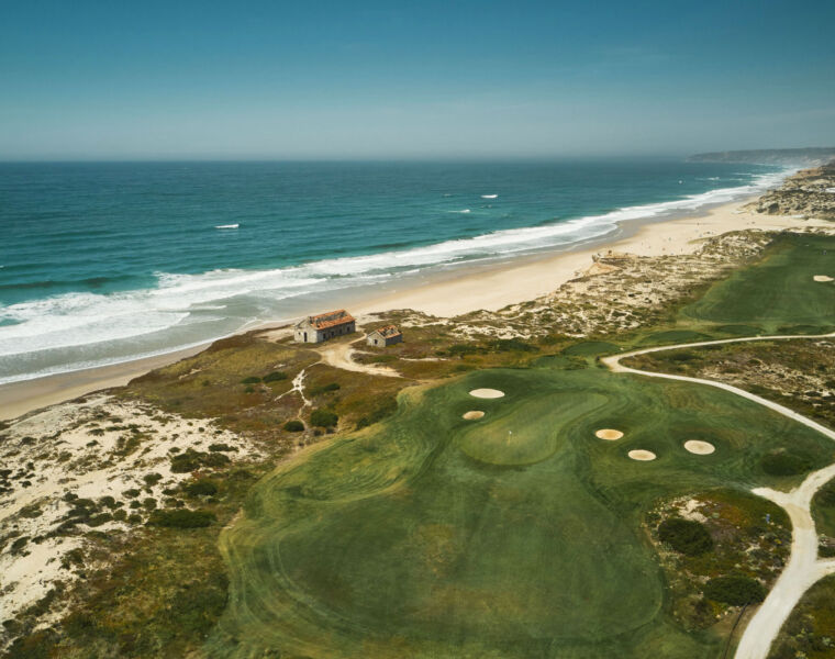 The 13th hole at Praia D’El Rey viewed from the air