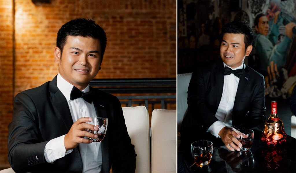 Two images of Choong Pin Hoong enjoying a glass of cognac