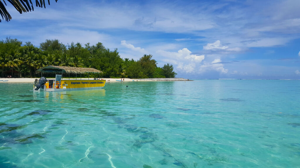 A tour boat moored just off the beach