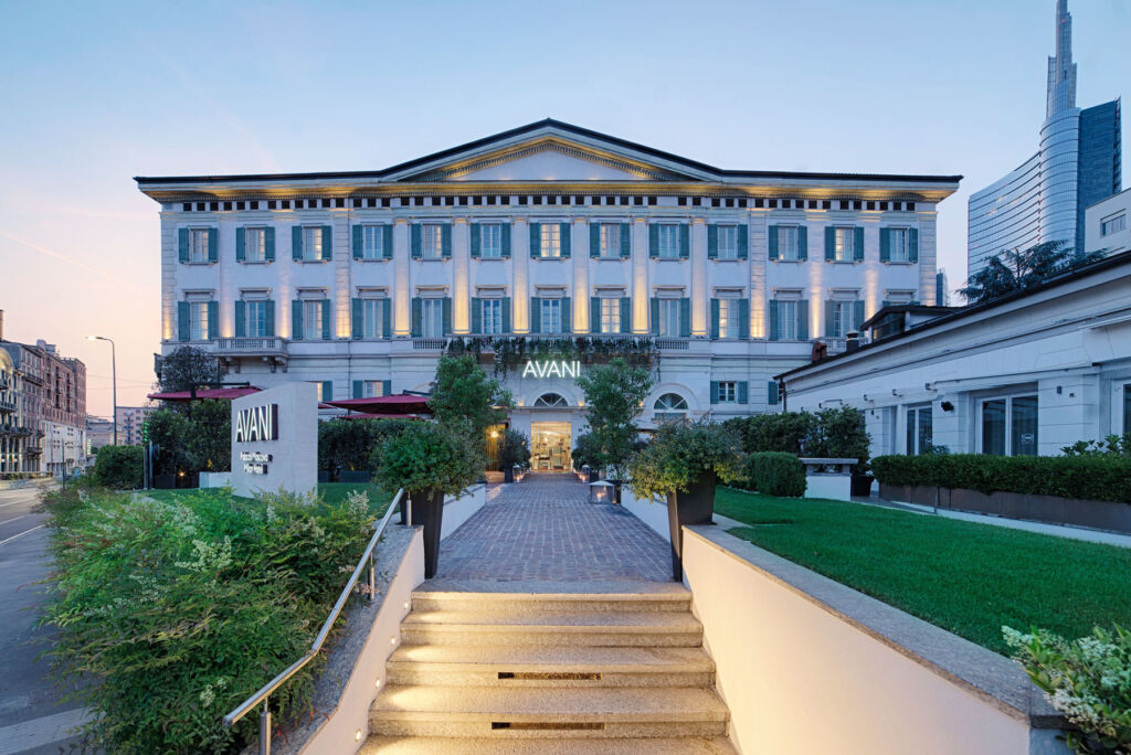 The neoclassical exterior of the hotel in Milan