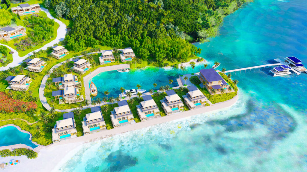 An aerial rendering of the beachfront villas