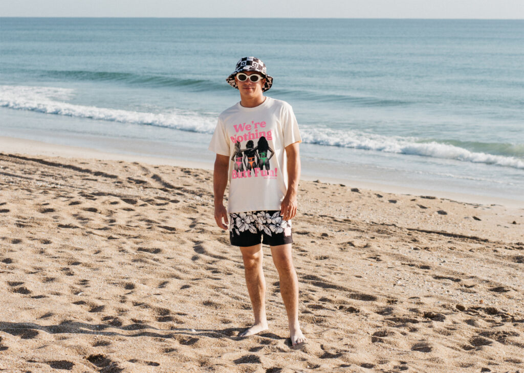 A man wearing a t-shirt, hat and shorts from the new collection