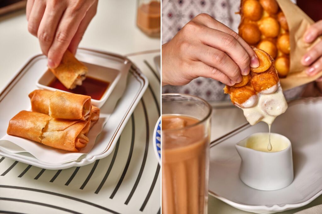 A photograph of the Deep Fried Vegetable Spring Roll and the Egg Waffle dishes