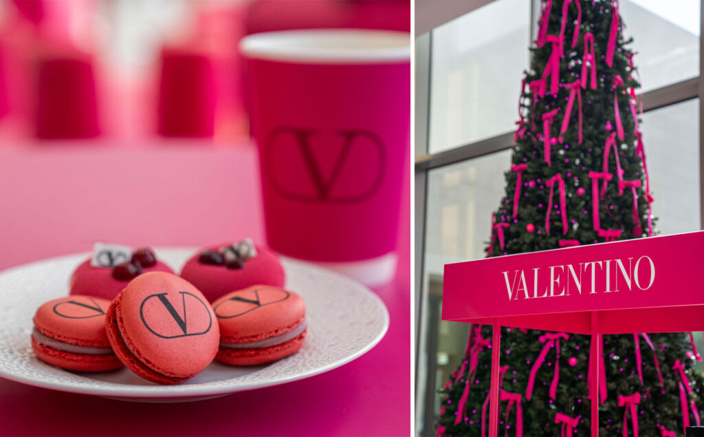 Two photographs, the first a closeup of the pink macaroons, the second of the unique Christmas tree