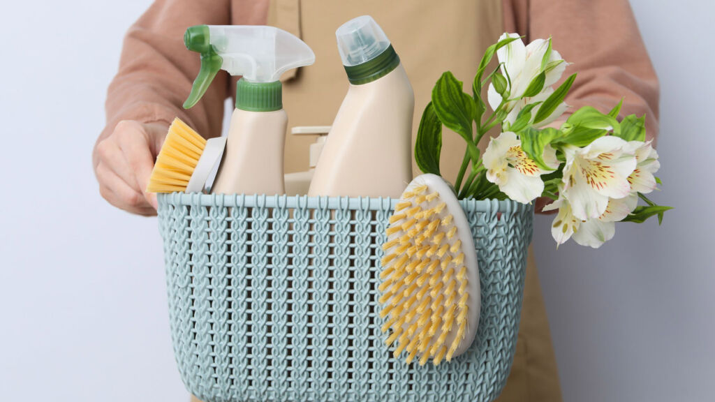 A person holding a box of cleaning products