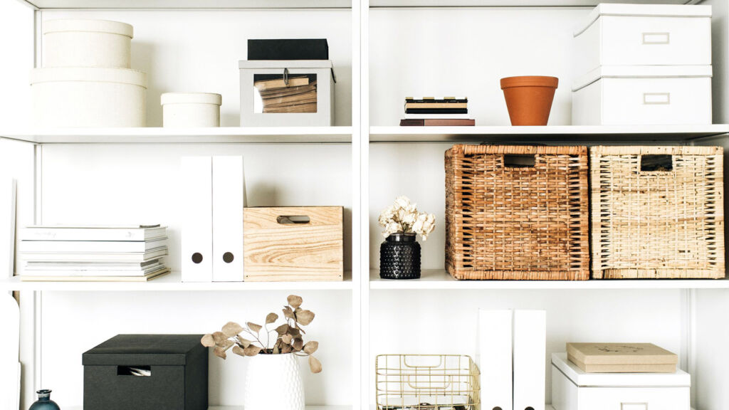 A shelf with neatly stacked items