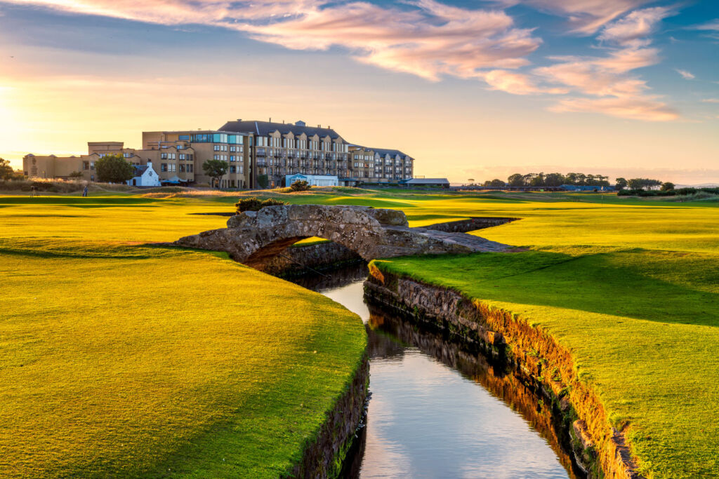 The exterior of the Old Course Hotel from the world famous bridge at sunset