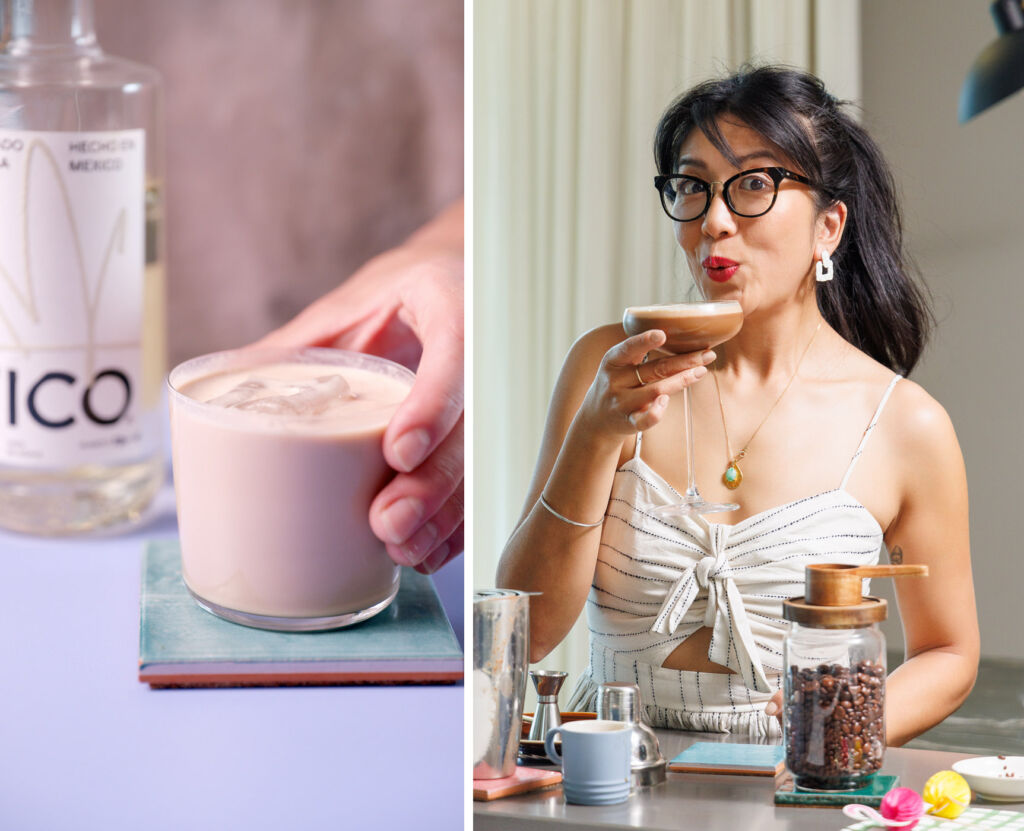Two photographs, one of Celeste and one showing a signature chocolate cocktail