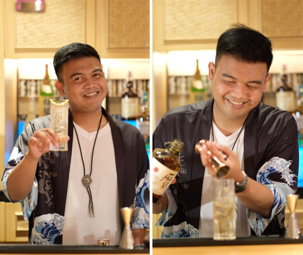 Two photographs of Firas making a cocktail