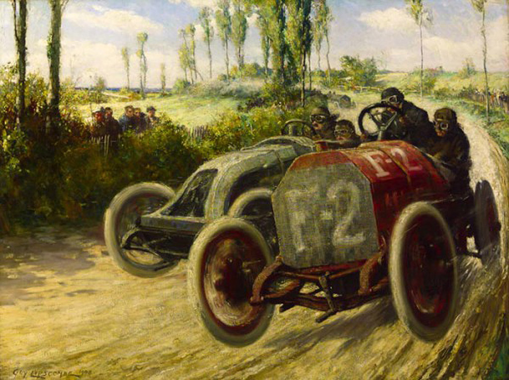 Guy Lipscombe oil painting depicting Nazzaro’s epic 1907 French Grand Prix win