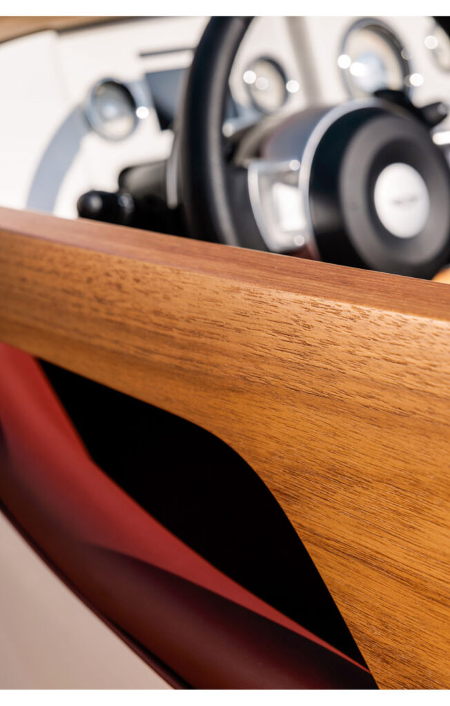 A close up view of the wood accents