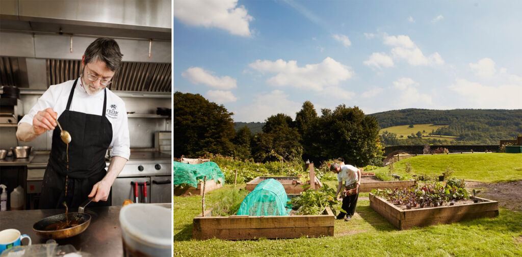 Two photographs, one of Carl preparing a dish in the kitchen, the other of fresh produce being picked from the gardens