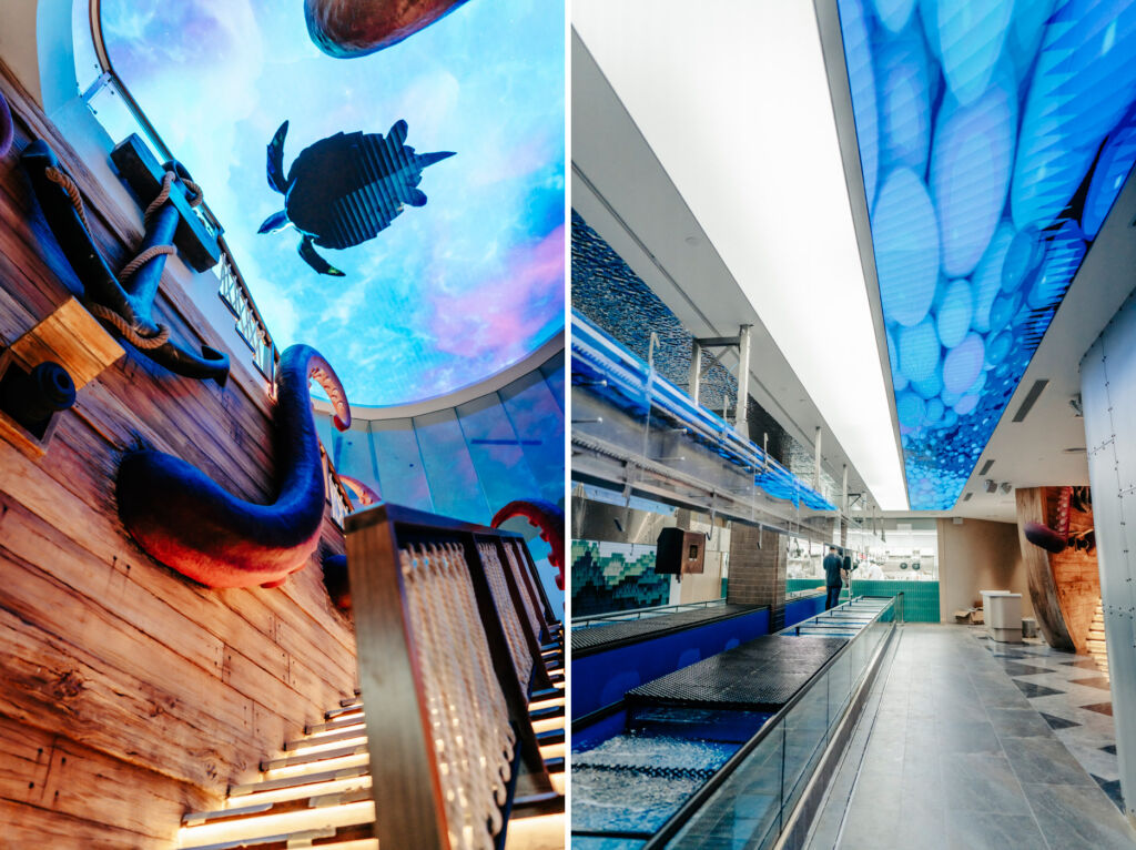 Two photographs showing the nautical-themed ceiling in the restaurant