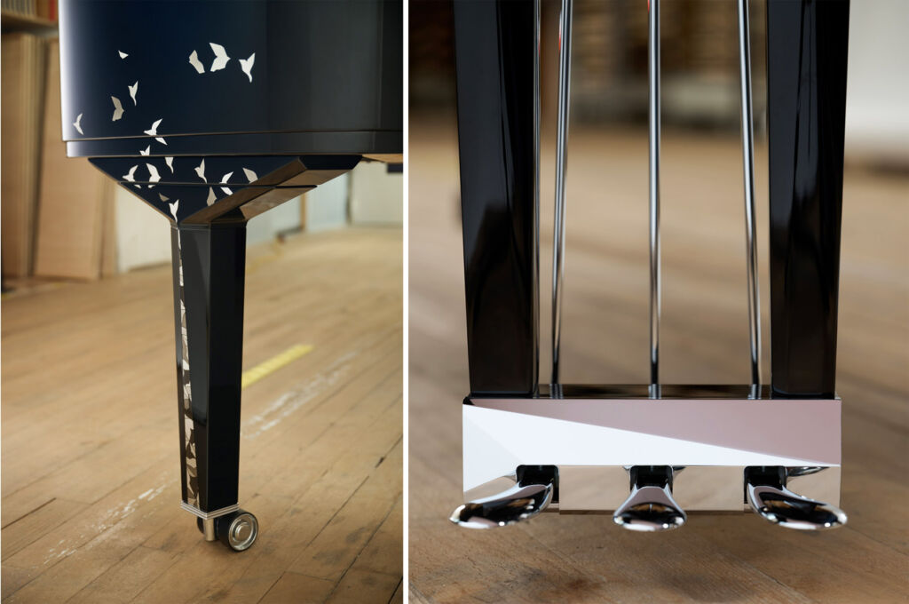 Two photographs, one showing the rear leg of the piano, the other the foot pedals