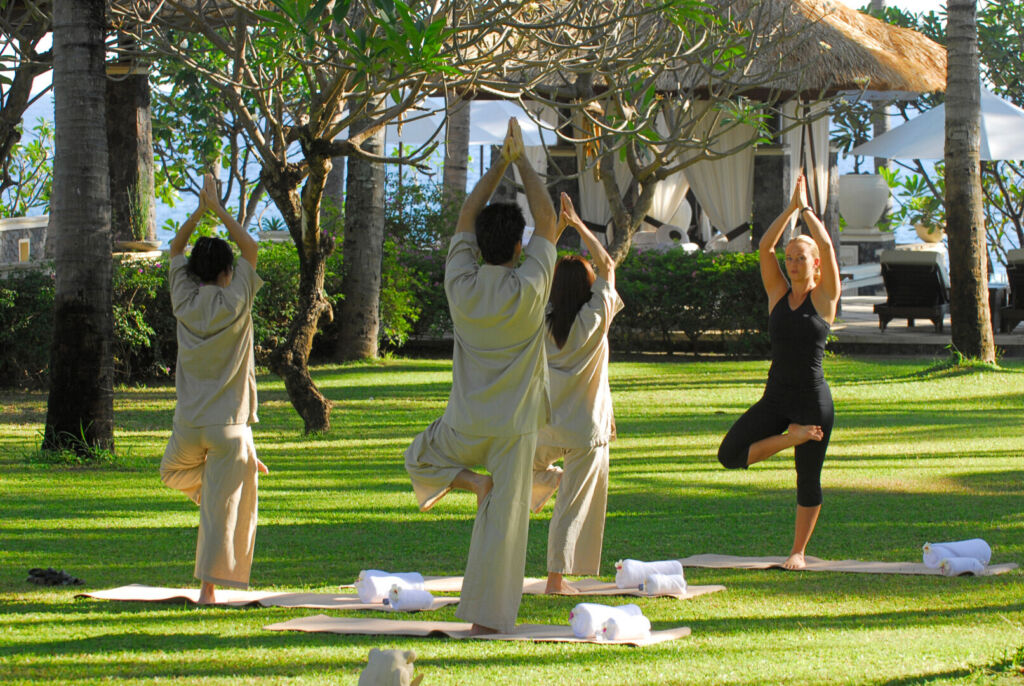 Guests taking part in a yoga class