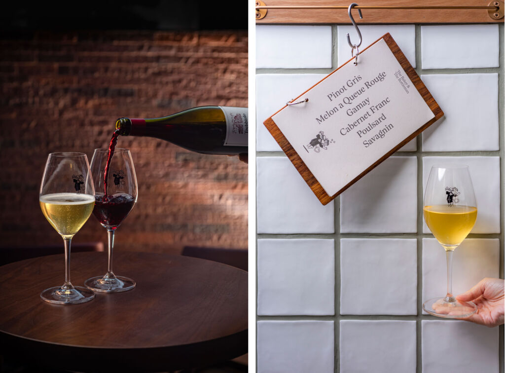 Two photographs of wine being poured and held