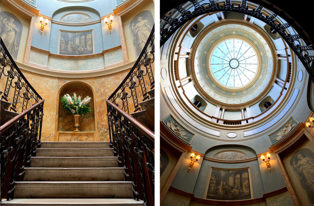 A photograph of the spectacular staircase and one looking up at the central glass dome