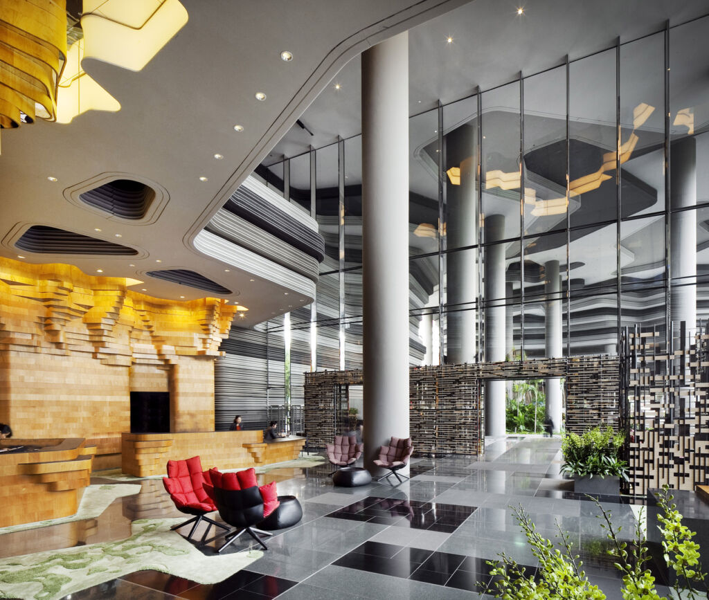 The lobby, which has design features resembling rice paddy fields