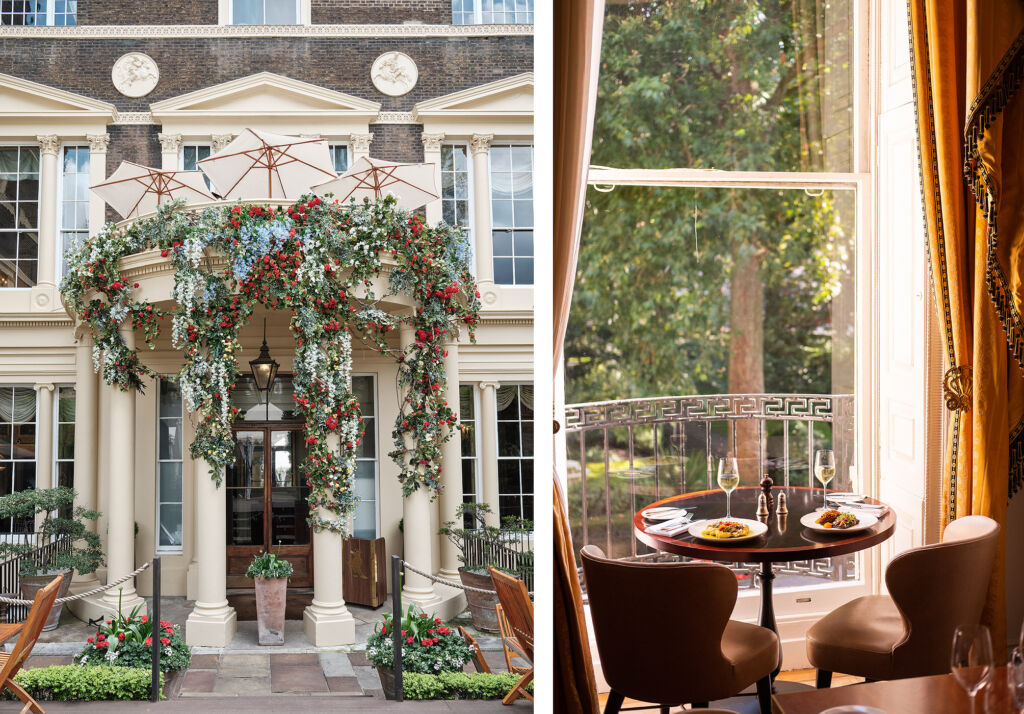 Two photographs, one showing the entrance to the building, the other shows a view of the garden from one of the tables