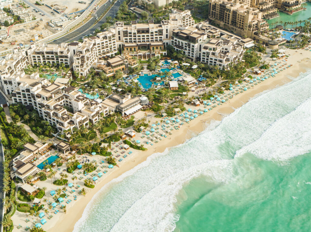 An aerial view showing the beach front resort's position