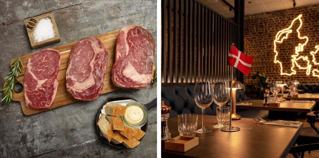 Two photographs, one showing three steaks, the other of a Danish flag on a dining table