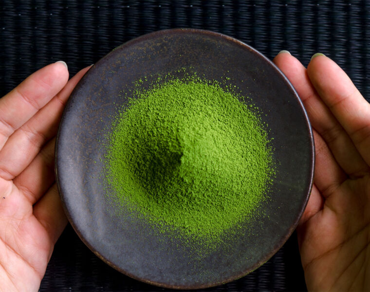 A bowl of bright green coloured Matcha powder