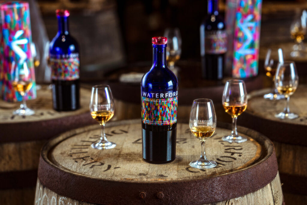 The Waterford – Cuvée Koffi and glasses placed on top of a cask