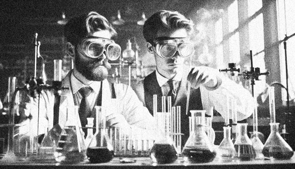 An AI generated black and white image of two researchers working in a laboratory