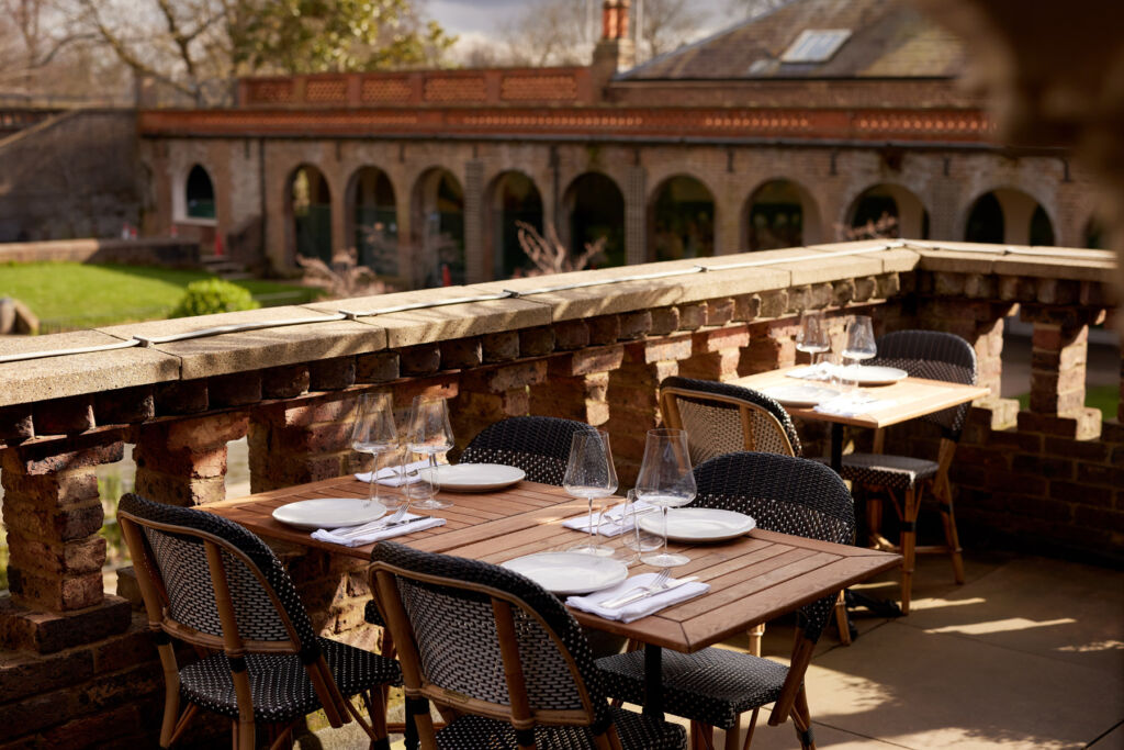 The terrace overlooking the lawned garden