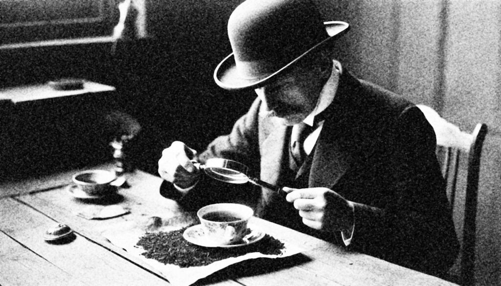 An AI generated image of a man inspecting tea leaves in the 19th-century