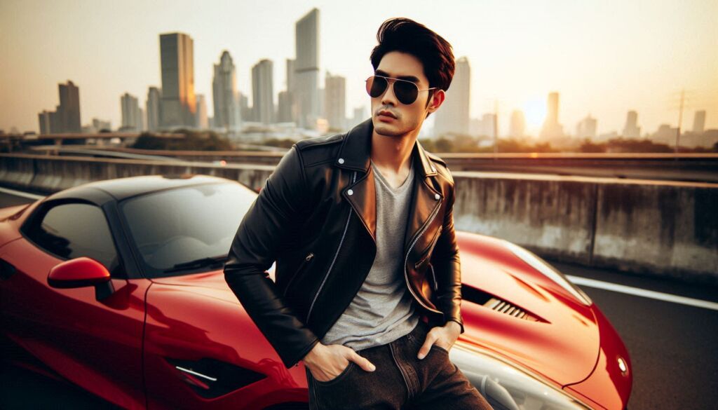 A young man wearing sunglasses leaning on a red sportscar