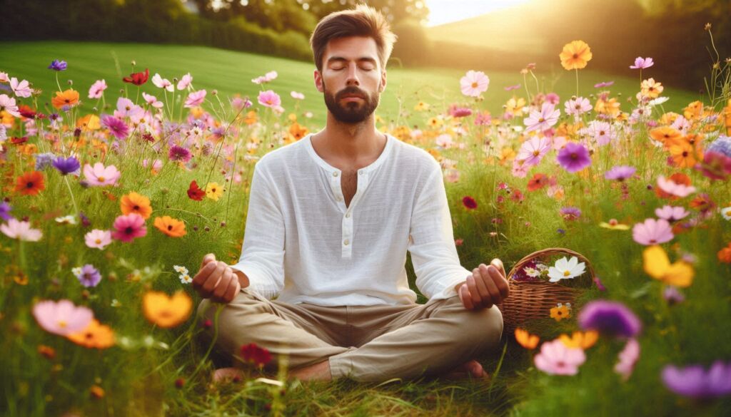 A man meditating in a field in the Lotus position