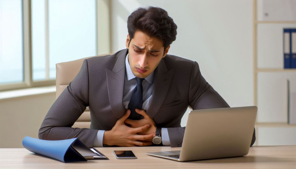 A man sat at his desk feeling bloated