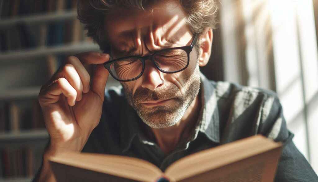 A man struggling to read a book