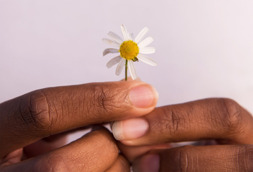 A woman holding a flower in her hands