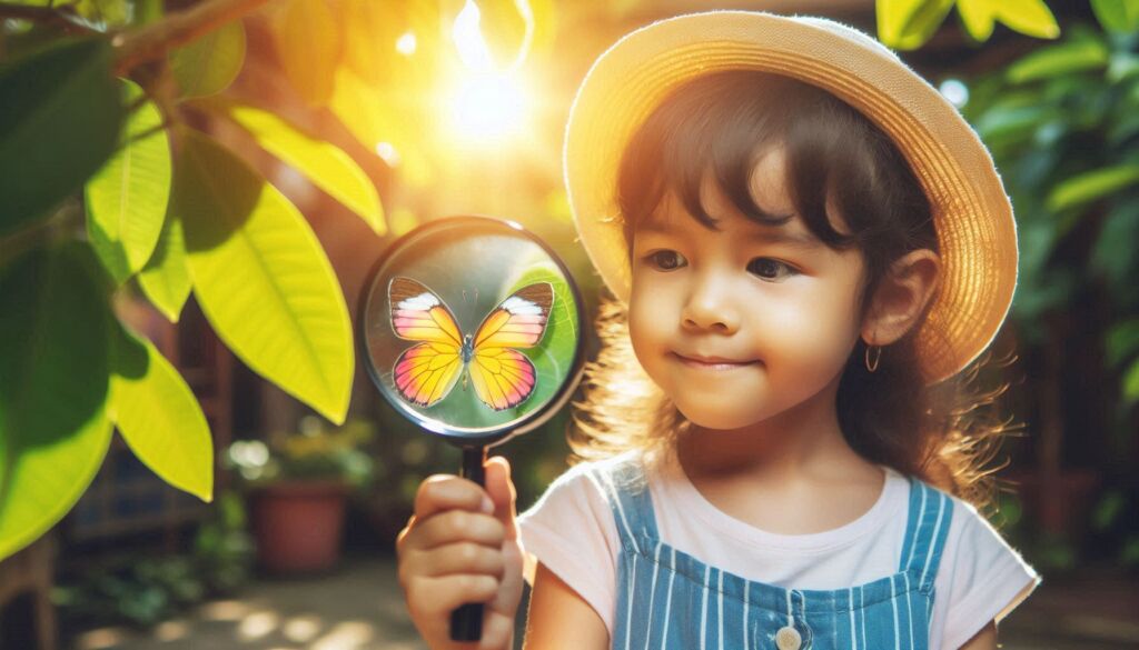 A young girl looking at a butterfly with a magnifying glass