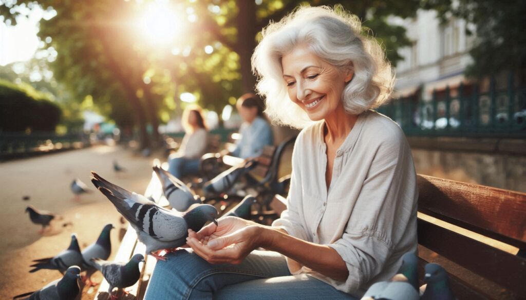 An older woman on a bench with a kind and good aura