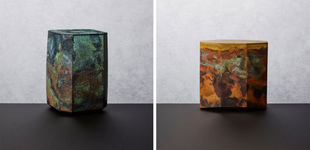 Two photographs of Koji's bronze boxes