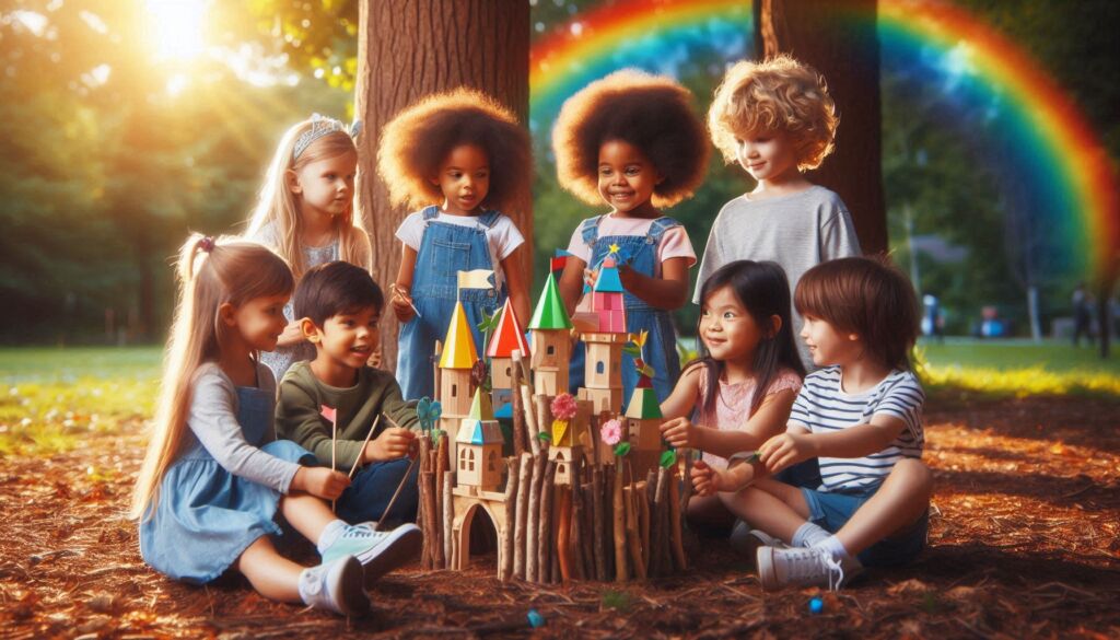 Children playing outdoors using their imagination